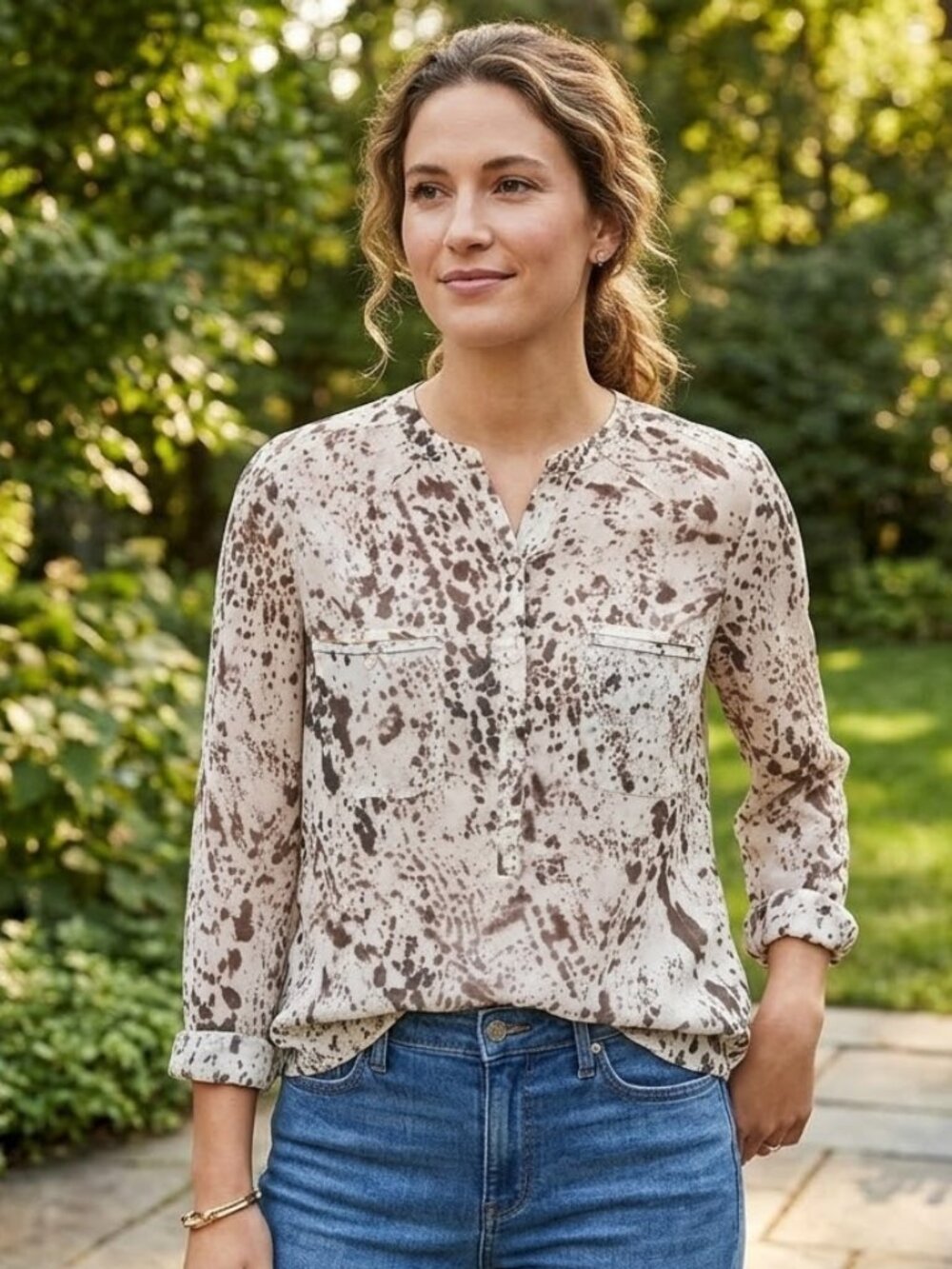 Loft Ann Taylor 1/2 Button Womens Medium Sheer Blouse Artsy Splatter Print Brown